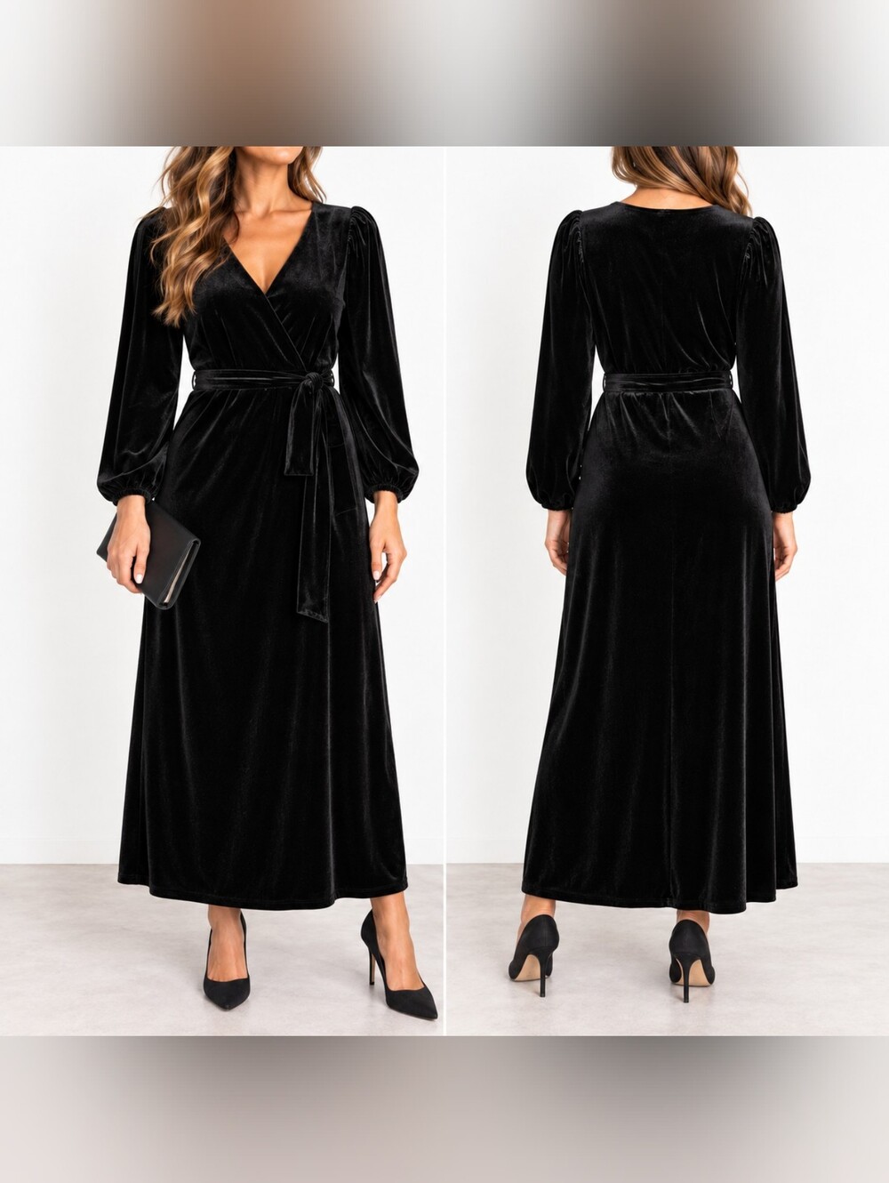 MSK Black Velvet Maxi Dress L Long Sleeve Wrap V Neck Holiday Formal